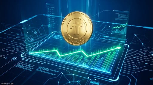 Yükseliş grafiği önünde duran altın renkli Pi Coin ve teknik analiz verileri.